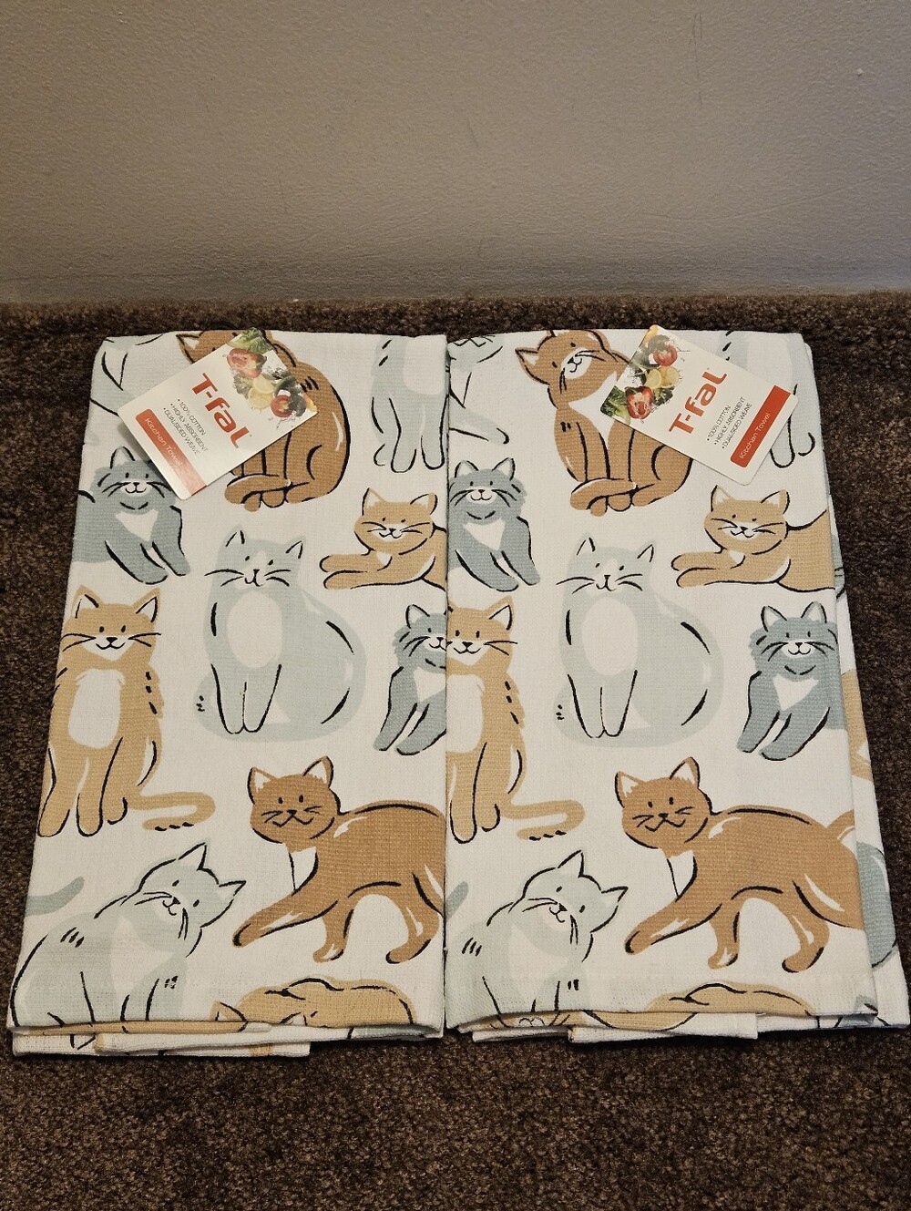 T-fal Dual Kt Doodle Cats Cat Kitchen Towel 100% Cotton (Lot of 2)